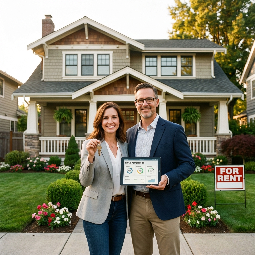 Happy landlords in front of their rental property